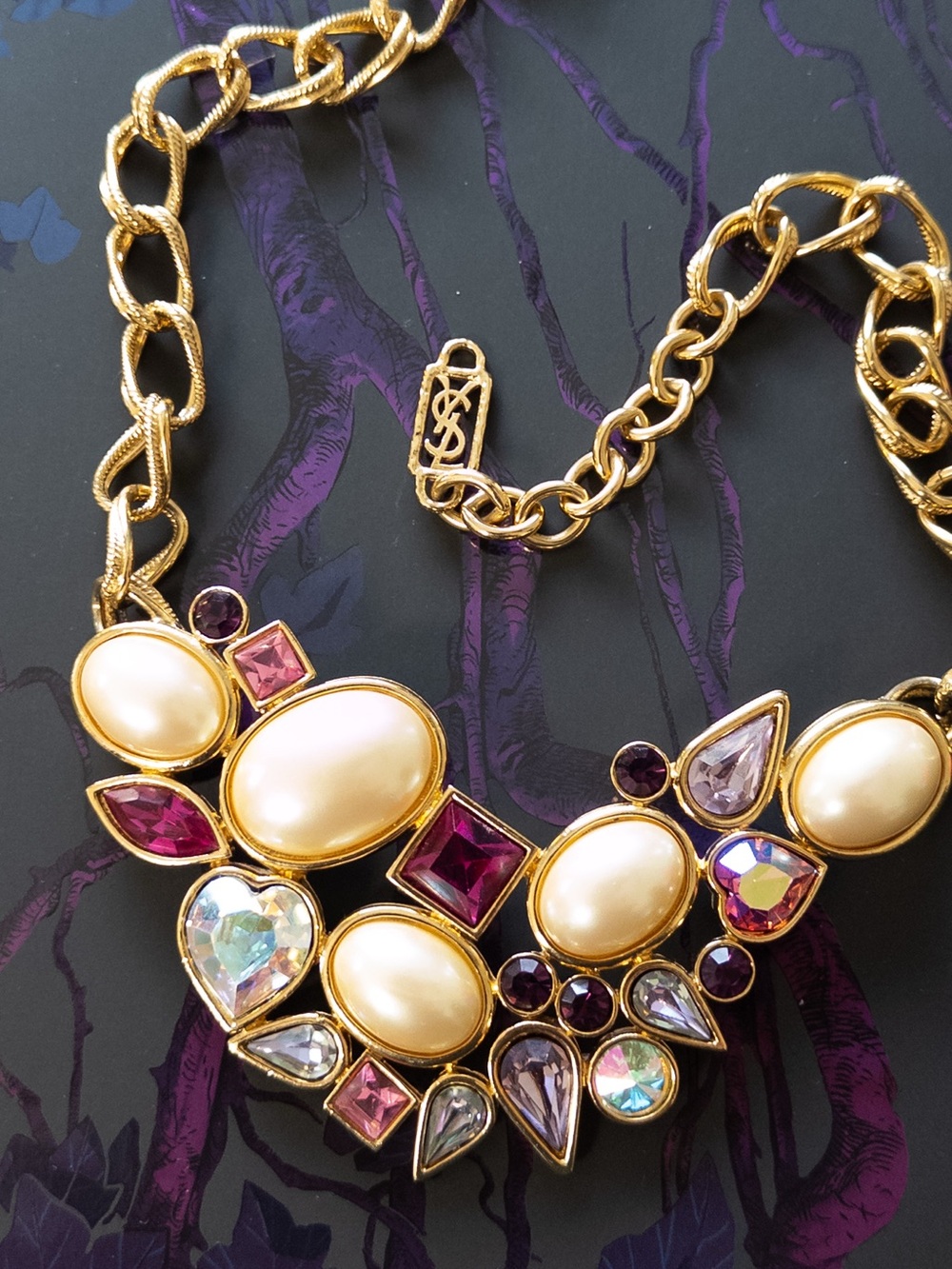 VTG YSL Robert Goossens Gold Tone Necklace w Faux Pearls, Multi-Colored Crystals
